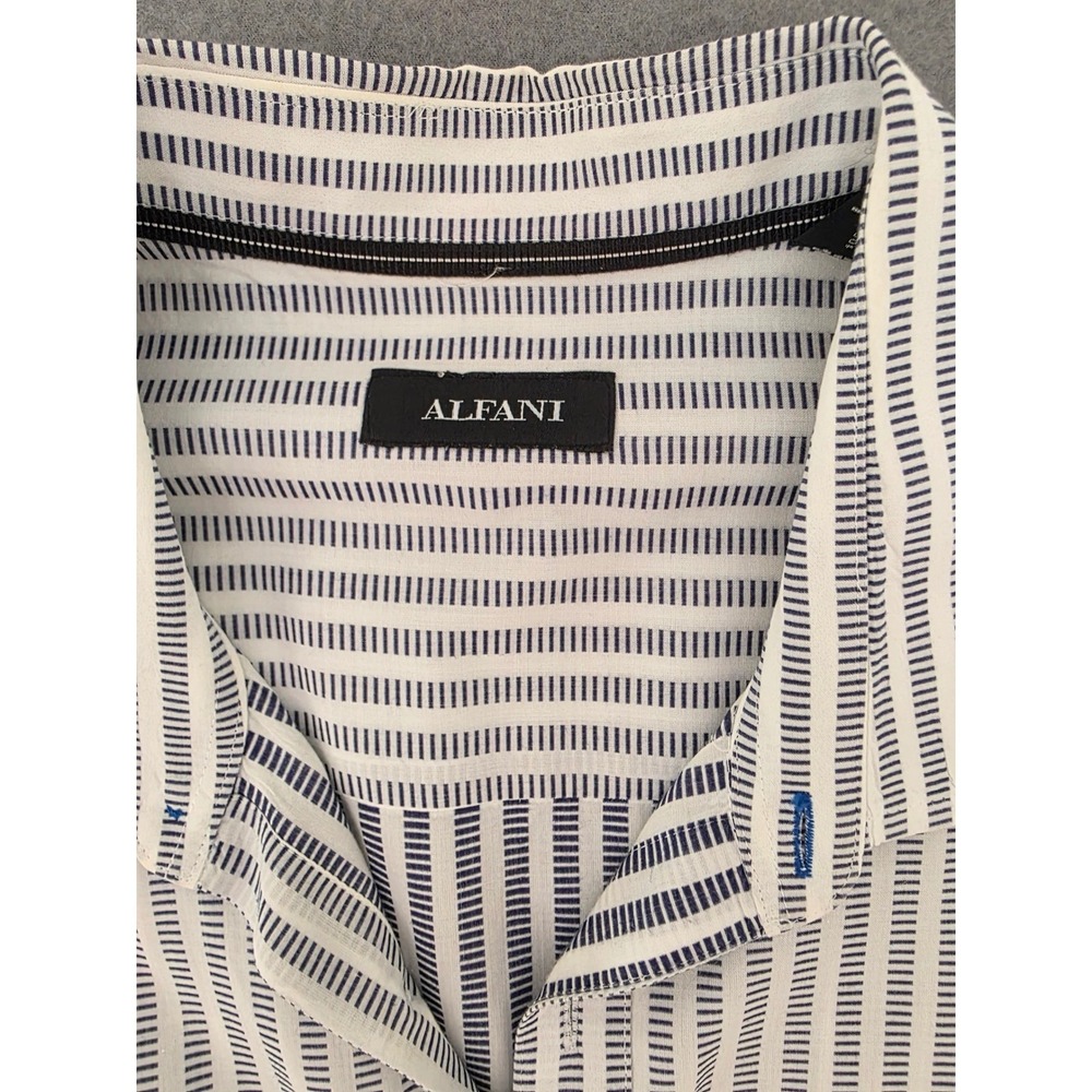 Alfani Mens Large White Navy Blue Striped Long Sleeve Button Down Cotton Shirt